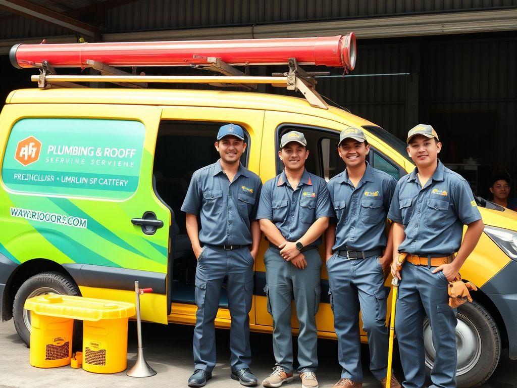 The Pulsely plumbing and roofing crew beside their service van in Kuala Lumpur