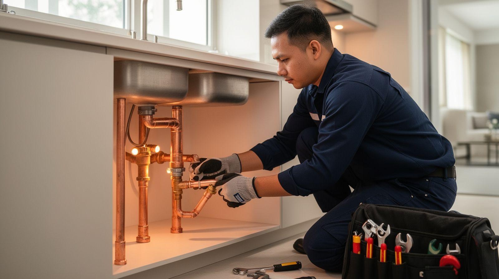 Pulsely plumber fitting new copper water piping in a bright Kuala Lumpur home