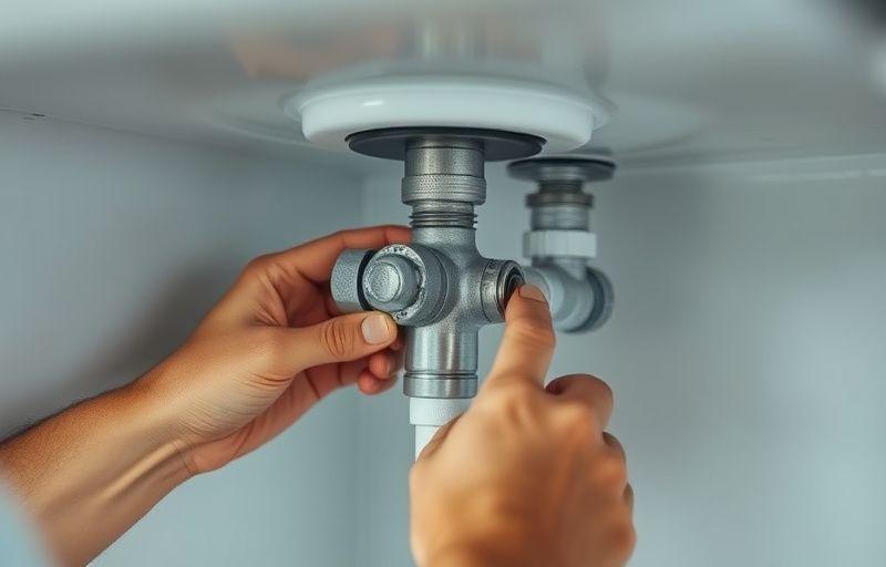 Hands inspecting a water valve under a sink