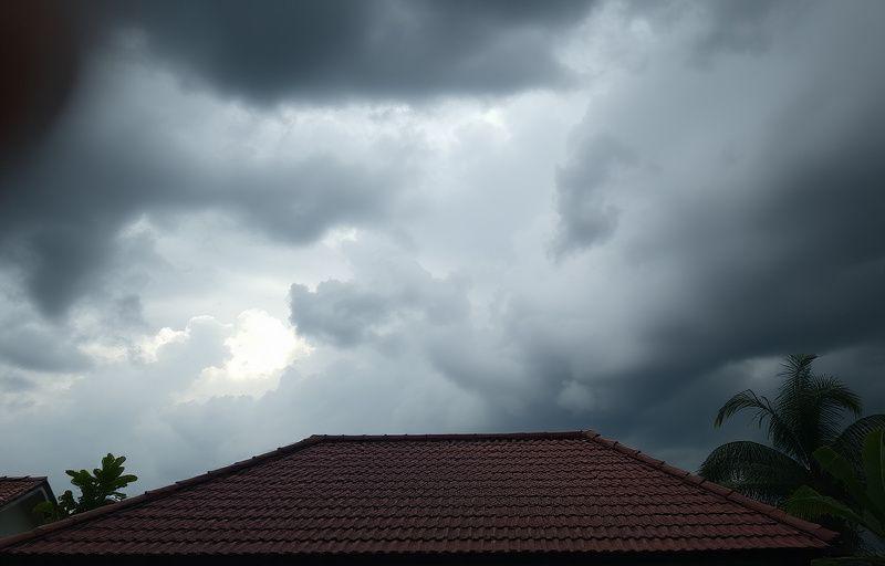 Malaysian house roofline under grey monsoon clouds