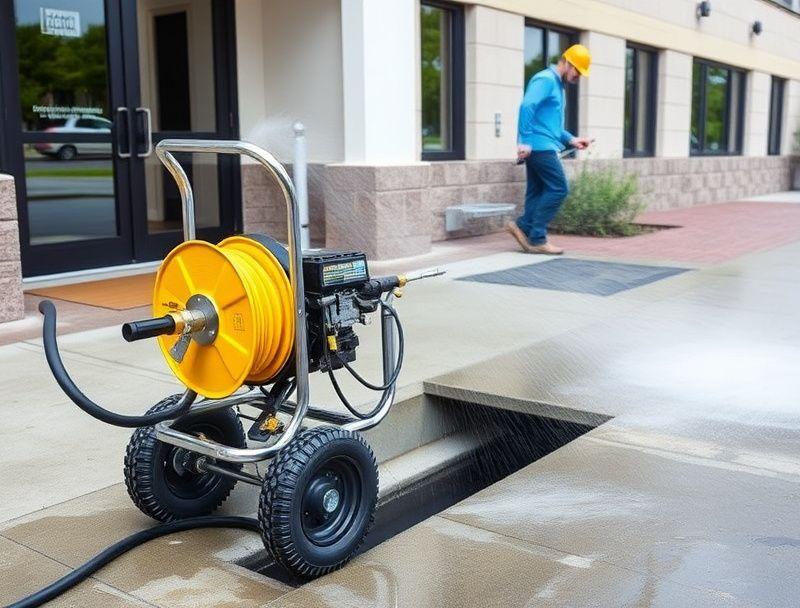 High-pressure drain jetting machine clearing an outdoor drain