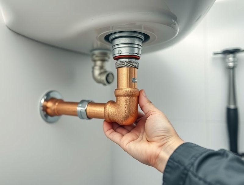 Plumber fitting copper water piping under a modern sink