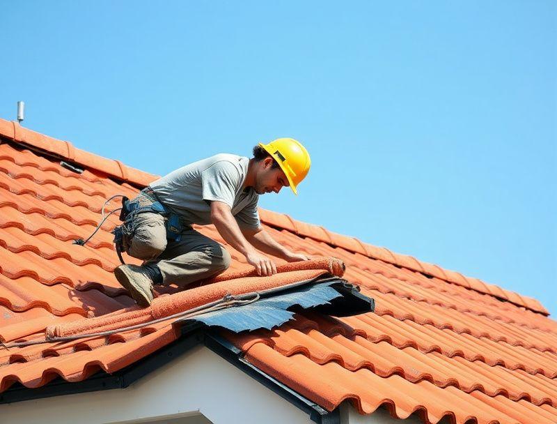 Roofer replacing cracked tiles on a pitched Malaysian roof