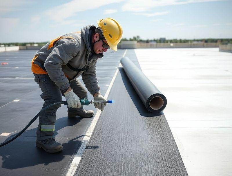 Worker applying torch-on waterproofing membrane on a flat roof
